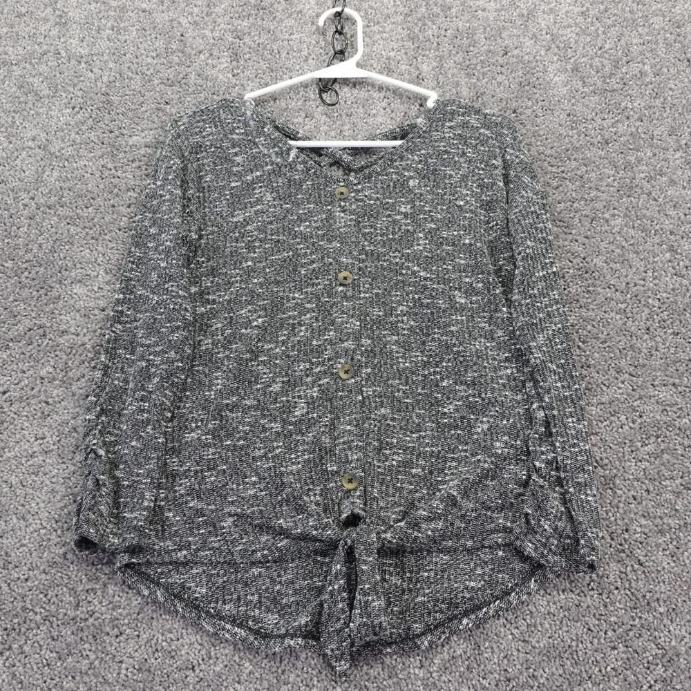 Bobbie Brooks Knit Top Womens Small Black White Space Dye Tie Front Long Sleeve